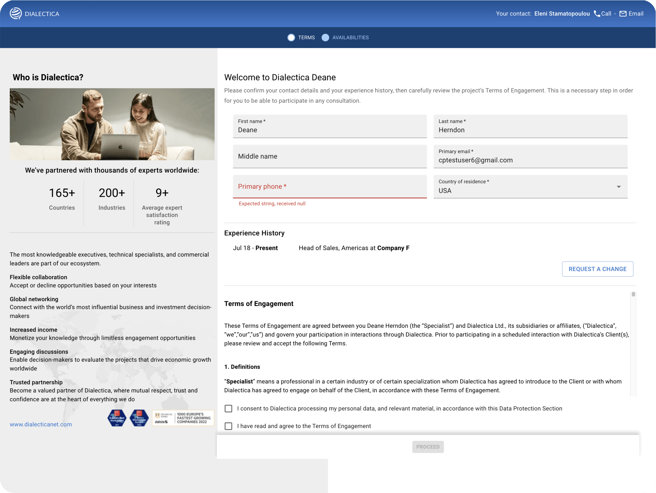 The old Terms of Engagement flow: one dense page with two flat tabs, Terms and Availabilities, where personal details, experience history and legal terms all sit together